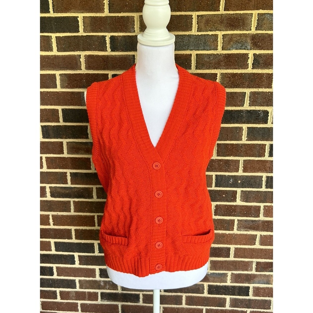 Vintage 1970's Sears Sweater Vest Red/Orange Button Up Adult Medium